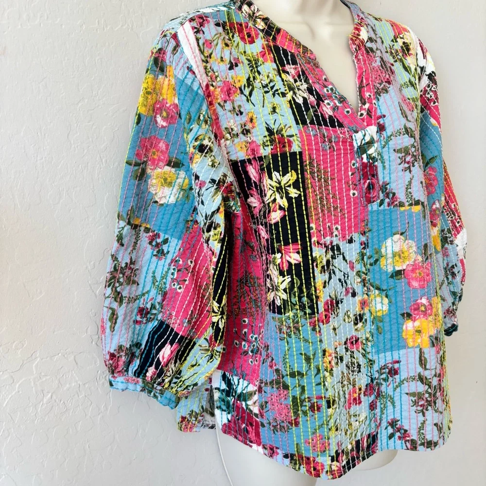 John Mark Multicolor patchwork kantha style Floral split neck 3/4 Sleeve Top - Picture 5 of 14